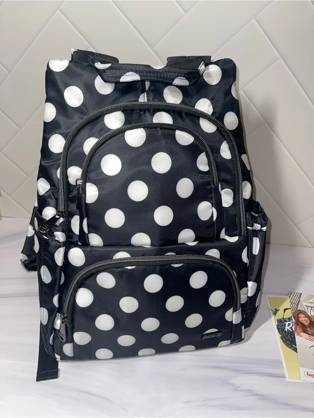 Lug Hatchback Backpack - Black with White Polka Dots - like new!